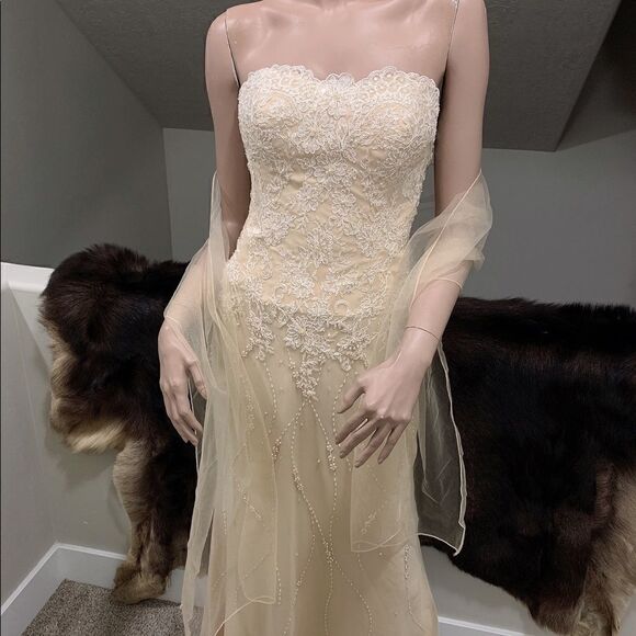 Custom Sample Embroidered Floral Lace, Crystal Beads & Pearls Gown with Shawl - Picture 10 of 17